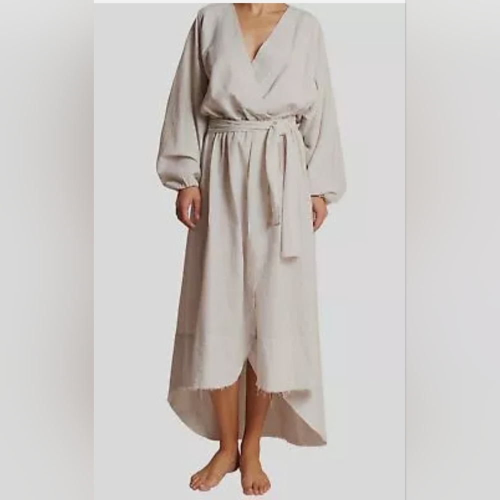 Le Swim Linen Blend Midi Dress Cover Up Sz M Halter Faux Wrap  Scandi Girl.
